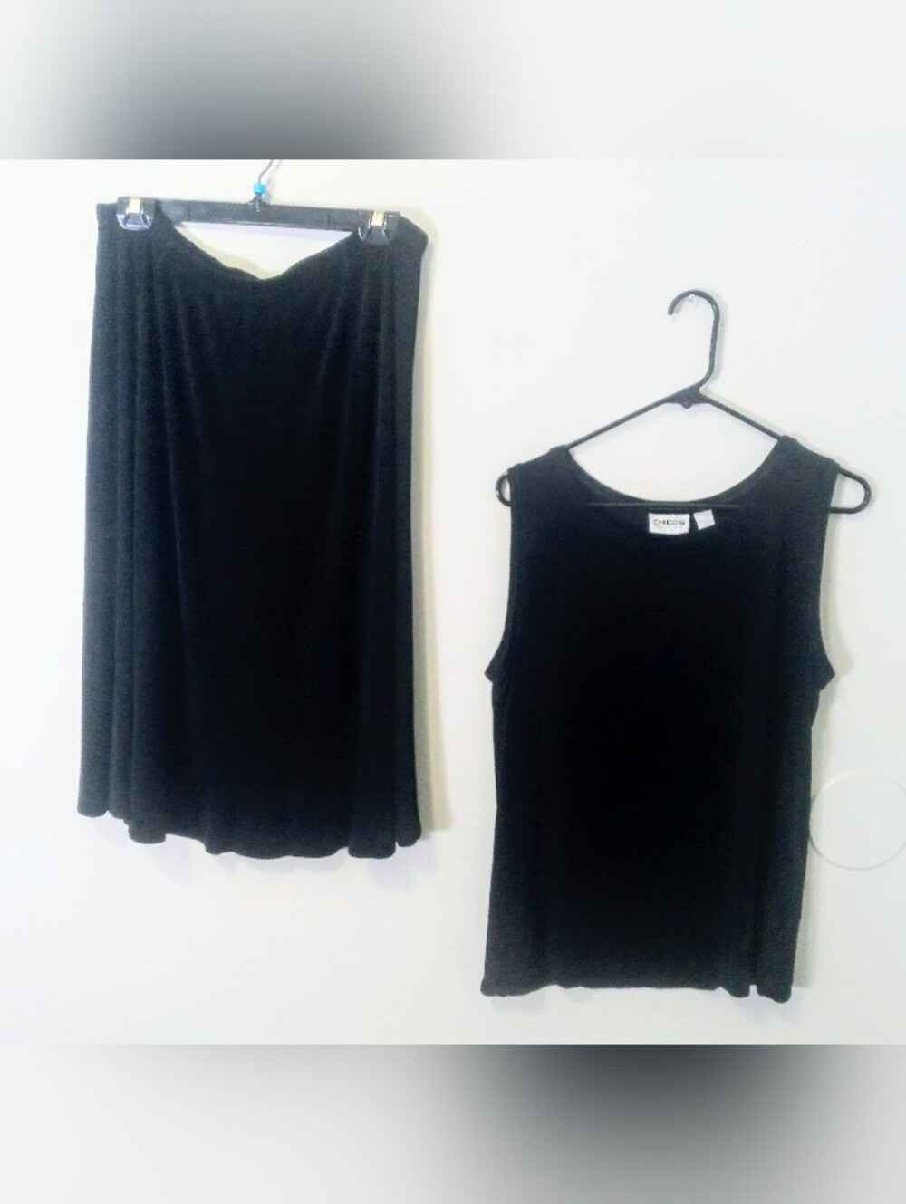 2p Chico's Travelers Black Slinky Tank Top Ànd Midi A-Line Skirt Set Size 3 (XL)